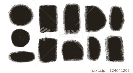 Linocut rough geometric shapes set. Circle, ellipse, rectangle text boxes. Abstract japandi decor. Vector geometry grafitti spray shapes. Hand drawn collection illustration on white background Linocut rough geometric shapes set. Circle, ellipse, rectangle text boxes. Abstract japandi decor. Vector geometry grafitti spray shapes. Hand drawn collection illustration on white background 124041202