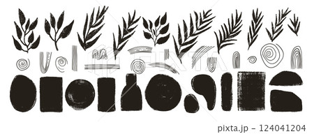 Vase with plant silhouette charcoal set. Flowerpot with leaves, geometric shapes and boho arch lines. Vector hand drawn monochrome irregular figures collection illustration on white background Vase with plant silhouette charcoal set. Flowerpot with leaves, geometric shapes and boho arch lines. Vector hand drawn monochrome irregular figures collection illustration on white background 124041204