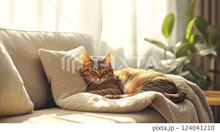 Cozy Cat on Blanket in Sunlit Living Room Cozy Cat on Blanket in Sunlit Living Room 124041210