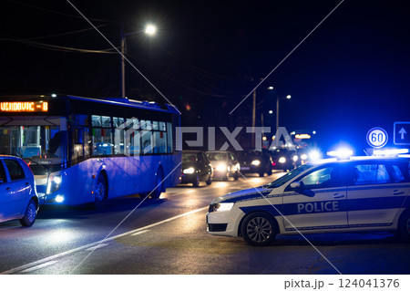 Road police blocked traffic at night Road police blocked traffic at night 124041376