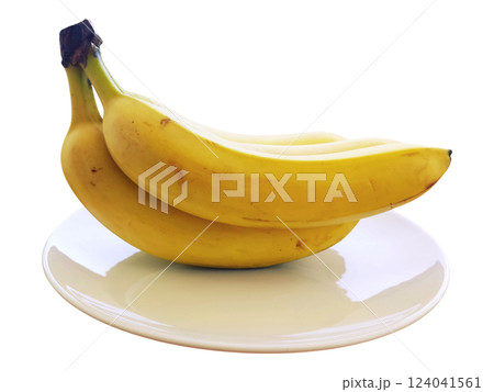 Two ripe yellow bananas on a simple white plate. A fresh, healthy, and vibrant image, perfect for concepts related to diet, nutrition, or tropical themes. Ideal for websites, blogs, or recipe books. Two ripe yellow bananas on a simple white plate. A fresh, healthy, and vibrant image, perfect for concepts related to diet, nutrition, or tropical themes. Ideal for websites, blogs, or recipe books. 124041561