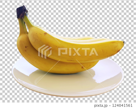 Two ripe yellow bananas on a simple white plate. A fresh, healthy, and vibrant image, perfect for concepts related to diet, nutrition, or tropical themes. Ideal for websites, blogs, or recipe books. Two ripe yellow bananas on a simple white plate. A fresh, healthy, and vibrant image, perfect for concepts related to diet, nutrition, or tropical themes. Ideal for websites, blogs, or recipe books. 124041561