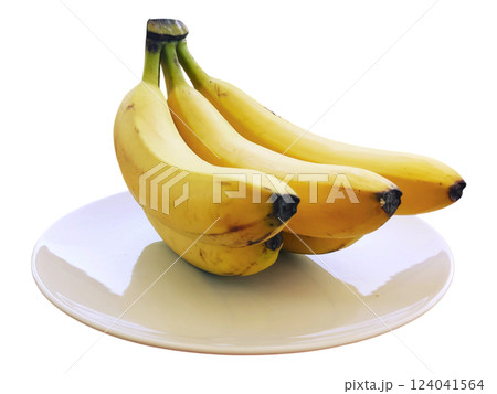 A bunch of ripe yellow bananas sits on a simple, elegant plate, isolated on a white background. A bunch of ripe yellow bananas sits on a simple, elegant plate, isolated on a white background. 124041564