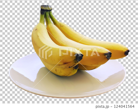 A bunch of ripe yellow bananas sits on a simple, elegant plate, isolated on a white background. A bunch of ripe yellow bananas sits on a simple, elegant plate, isolated on a white background. 124041564