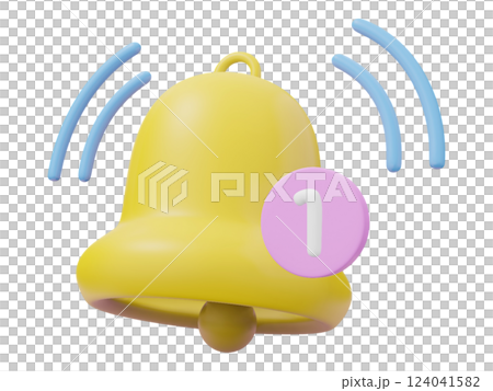 Cute 3D rendered yellow bell with a single notification.  Perfect for apps, websites, or social media designs needing a friendly, playful alert. 124041582