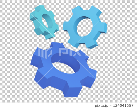 Three 3D gears, rendered in shades of blue, interlock, symbolizing teamwork, synergy, and efficient processes.  A vibrant metaphor for collaboration and technological advancement. 124041587