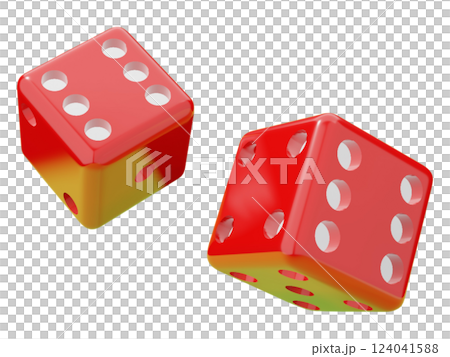 Two vibrant red and yellow dice tumble midair against a stark white background.  This dynamic image symbolizes chance, risk, and the unpredictable nature of fate. 124041588