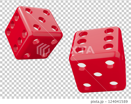 Two glossy red dice tumble against a white backdrop, symbolizing chance, risk, and the unpredictable nature of lifes choices. 124041589