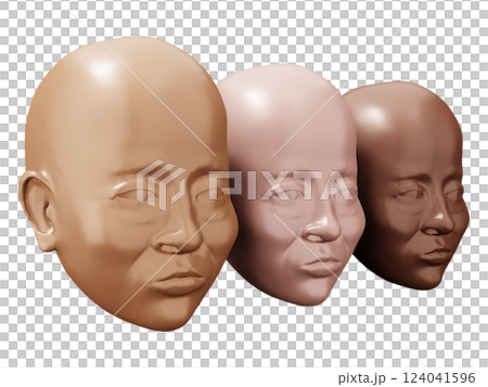 Three realistic sculpted heads, showcasing diverse skin tones, offer a powerful visual metaphor for diversity, inclusion, and beauty. Three realistic sculpted heads, showcasing diverse skin tones, offer a powerful visual metaphor for diversity, inclusion, and beauty. 124041596