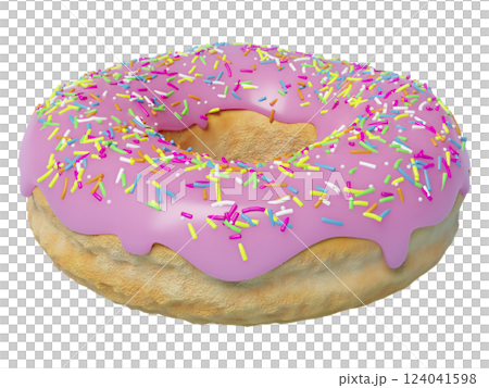 Mouthwatering pink donut with rainbow sprinkles. A delicious treat, perfect for food blogs, bakery websites, or any project needing a sweet, joyful image. Mouthwatering pink donut with rainbow sprinkles. A delicious treat, perfect for food blogs, bakery websites, or any project needing a sweet, joyful image. 124041598