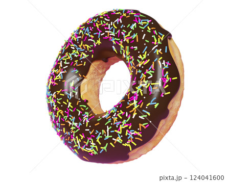 A delectable chocolate donut, generously sprinkled with rainbow sprinkles, is presented against a clean white background. A delectable chocolate donut, generously sprinkled with rainbow sprinkles, is presented against a clean white background. 124041600