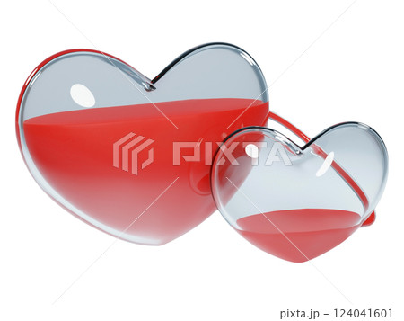 Two heartshaped glass containers, one larger than the other, filled with red liquid.  A powerful visual metaphor for love, compassion, or blood donation. 124041601