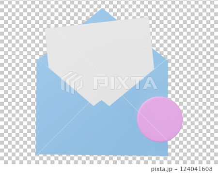 A light blue envelope with a blank white card inside and a pink notification circle. Perfect for concepts of communication, new message, email, correspondence, or notification. A light blue envelope with a blank white card inside and a pink notification circle. Perfect for concepts of communication, new message, email, correspondence, or notification. 124041608