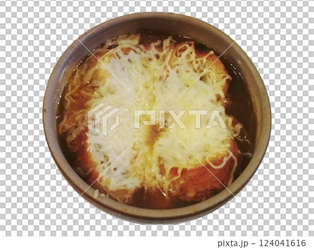 Aromatic French onion soup, brimming with rich broth, toasted bread, and melted cheese.  A classic comfort food, perfect for menus, culinary blogs, or restaurant websites. 124041616