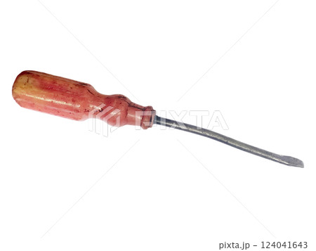 A weathered, vintage screwdriver with a worn, reddishbrown handle rests against a stark white background. A weathered, vintage screwdriver with a worn, reddishbrown handle rests against a stark white background. 124041643