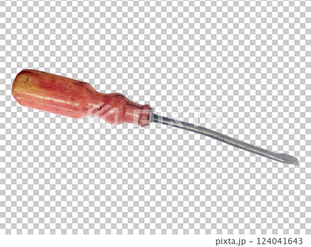 A weathered, vintage screwdriver with a worn, reddishbrown handle rests against a stark white background. 124041643