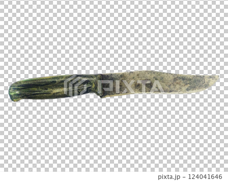 A weathered, vintage knife with a dark green, textured handle rests against a stark white backdrop. The blade shows signs of age and use, adding character and a sense of history. A weathered, vintage knife with a dark green, textured handle rests against a stark white backdrop. The blade shows signs of age and use, adding character and a sense of history. 124041646