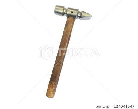 A sturdy, classic hammer with a worn wooden handle, isolated on a white background. 124041647