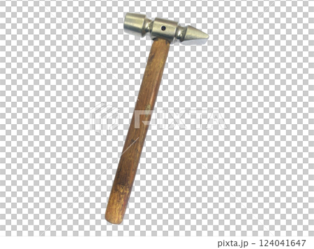 A sturdy, classic hammer with a worn wooden handle, isolated on a white background. 124041647