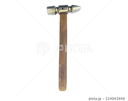 A meticulously detailed closeup showcases a vintage hammer with a worn wooden handle and a metallic head.  The image evokes a sense of craftsmanship and timeless utility. 124041648