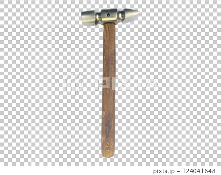A meticulously detailed closeup showcases a vintage hammer with a worn wooden handle and a metallic head.  The image evokes a sense of craftsmanship and timeless utility. 124041648