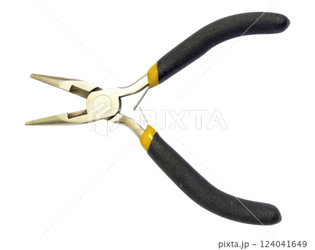 Closeup of longnose pliers with black and yellow handles against a white background.  Ideal for DIY, crafting, repair, and tool concept imagery. 124041649
