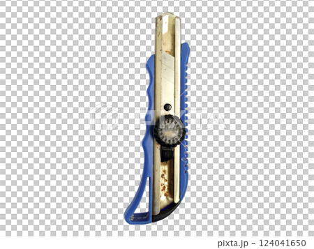 Closeup of a wellused box cutter with a blue handle against a white background.  Shows signs of wear, suggesting hard work and resilience. 124041650