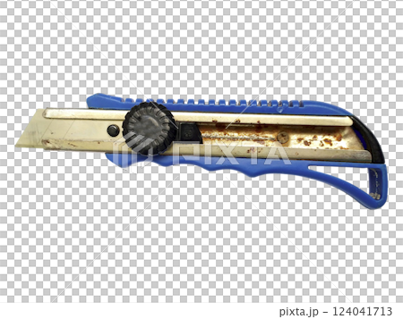Closeup of a wellused utility knife, showcasing its blue handle and metallic blade with visible rust.  A powerful image representing hard work, craftsmanship, or the passage of time. 124041713