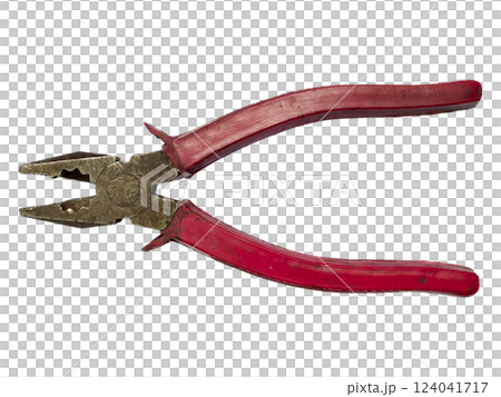 Closeup of wellused redhandled pliers against a clean white background.  The image conveys a sense of hard work, resilience, and the tools needed to get the job done. 124041717