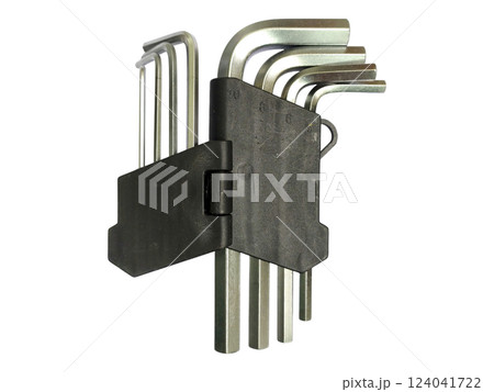 Highangle closeup of a set of Lshaped Allen keys neatly organized in a black plastic holder against a white background. 124041722