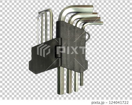 Highangle closeup of a set of Lshaped Allen keys neatly organized in a black plastic holder against a white background. 124041722