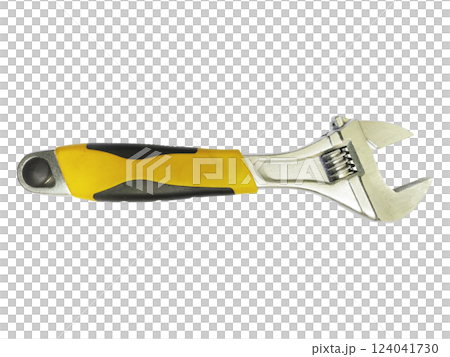 A versatile adjustable wrench with a vibrant yellow and black ergonomic handle, isolated on a clean white background.  This image symbolizes problemsolving, functionality, and DIY projects. 124041730