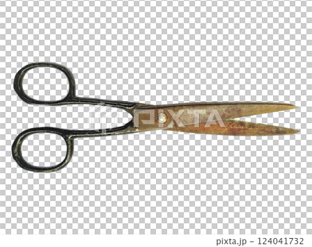 Antique scissors on white background.  A weathered, rustic tool suggesting themes of time, craftsmanship, and the passage of years. Perfect for vintage, historical, or DIY projects. 124041732