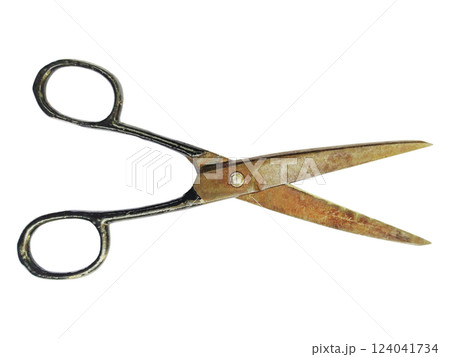 Rustic, vintage scissors isolated on white.  A timeless tool, symbolizing cutting ties, making choices, or the passage of time. Ideal for concepts of nostalgia, craftsmanship, or DIY projects. 124041734