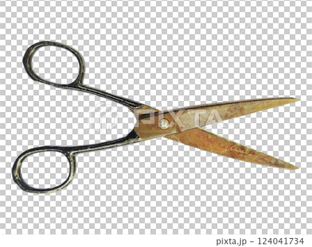 Rustic, vintage scissors isolated on white.  A timeless tool, symbolizing cutting ties, making choices, or the passage of time. Ideal for concepts of nostalgia, craftsmanship, or DIY projects. 124041734