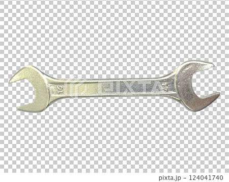A single, metallic wrench rests on a stark white background. A single, metallic wrench rests on a stark white background. 124041740