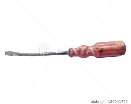 Vintage screwdriver with a worn, reddish handle and a slightly curved shaft, isolated on a white background. Vintage screwdriver with a worn, reddish handle and a slightly curved shaft, isolated on a white background. 124041745