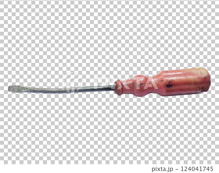 Vintage screwdriver with a worn, reddish handle and a slightly curved shaft, isolated on a white background. Vintage screwdriver with a worn, reddish handle and a slightly curved shaft, isolated on a white background. 124041745