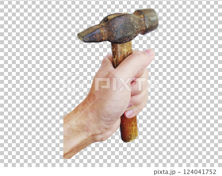 A weathered claw hammer, held firmly in a mans hand, symbolizes strength, craftsmanship, and hard work. The rustic texture and worn wood handle add character and authenticity. A weathered claw hammer, held firmly in a mans hand, symbolizes strength, craftsmanship, and hard work. The rustic texture and worn wood handle add character and authenticity. 124041752