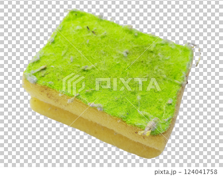 Closeup of a used cleaning sponge, showcasing texture and wear.  The lime green scouring pad layer is heavily soiled with lint and debris, offering a visual metaphor for hard work and completion. 124041758