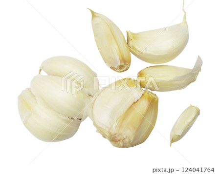 Closeup of several garlic cloves, some whole and some separated, arranged on a clean white background.  The image evokes freshness, natural goodness, and culinary potential. 124041764