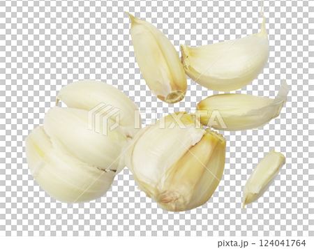 Closeup of several garlic cloves, some whole and some separated, arranged on a clean white background.  The image evokes freshness, natural goodness, and culinary potential. 124041764