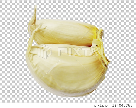 Closeup of two garlic cloves, subtly lit against a stark white background. 124041766