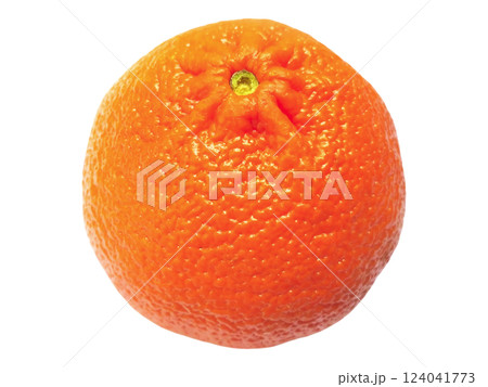 A vibrant, juicy orange sits against a stark white background. Its textured peel and bright color evoke freshness and health. 124041773