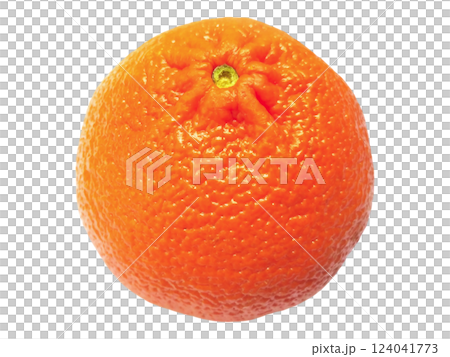 A vibrant, juicy orange sits against a stark white background. Its textured peel and bright color evoke freshness and health. 124041773