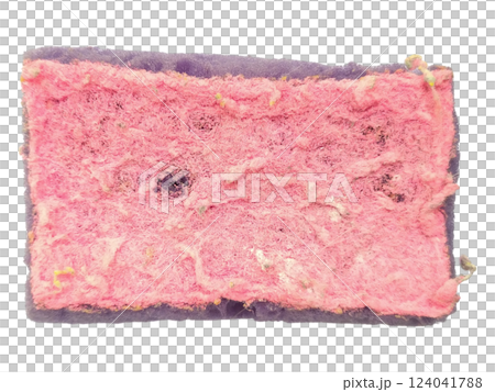 Closeup shot of a wellused cleaning sponge, exhibiting texture and wear.  The pink scrubbing surface shows signs of heavy use, conveying a sense of hard work and dedication. 124041788