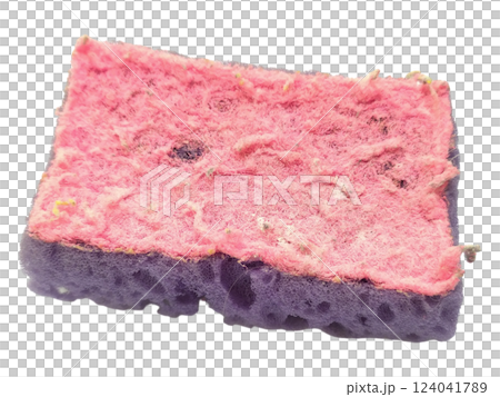 Closeup of a wellused, textured cleaning sponge.  Its worn pink and purple layers show signs of hard work, symbolizing resilience and the passage of time. 124041789