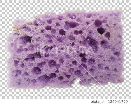 Closeup of a porous, lavendercolored sponge, showcasing its textured surface and irregular shape.  A subtle metaphor for absorption, cleansing, or the passage of time. 124041790