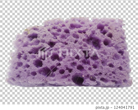 Closeup of a used purple cleaning sponge, showcasing its texture and porous structure.  A visual metaphor for hard work and resilience, ideal for cleaning, hygiene, or abstract concepts. 124041791