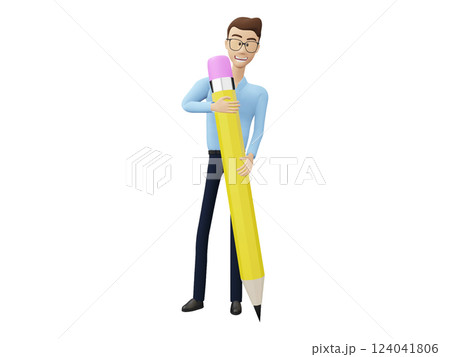 Cheerful 3D cartoon man proudly embraces a giant pencil, symbolizing creativity, ideas, and writing.  Perfect for education, design, or backtoschool projects. 124041806